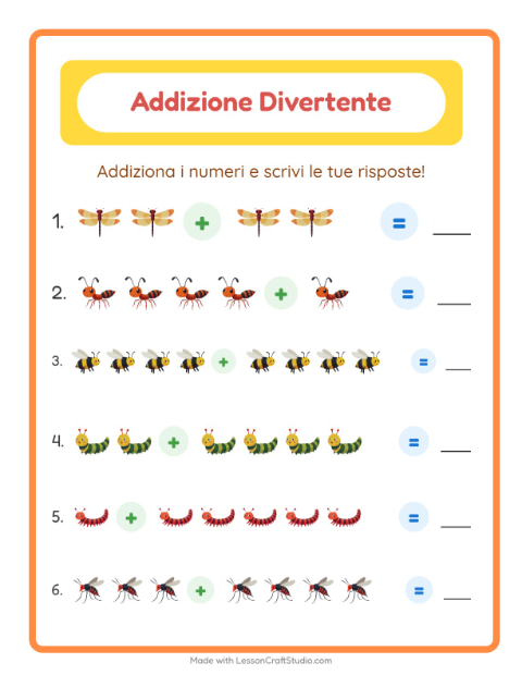 Anteprima della scheda di Addizione con Insetti e scarafaggi per Scuola dell'infanzia (5-7 anni)