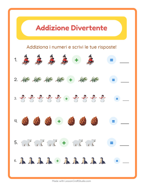 Anteprima della scheda di Addizione con Inverno per Scuola dell'infanzia (5-7 anni)