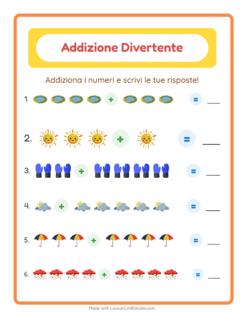 Anteprima della scheda di Addizione con Meteo per Scuola dell'infanzia (5-7 anni)
