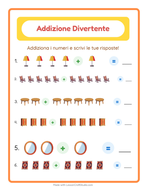 Anteprima della scheda di Addizione con Mobili per Scuola dell'infanzia (5-7 anni)