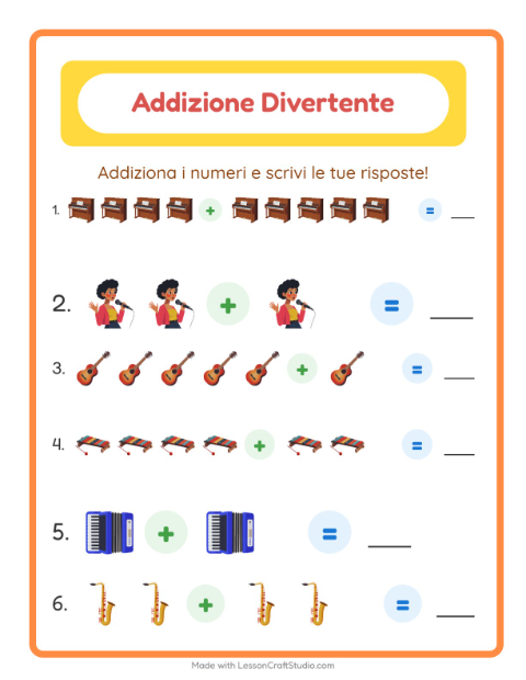 Anteprima della scheda di Addizione con Musica per Scuola dell'infanzia (5-7 anni)