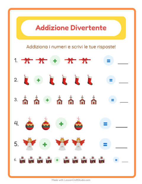 Anteprima della scheda di Addizione con Natale per Scuola dell'infanzia (5-7 anni)