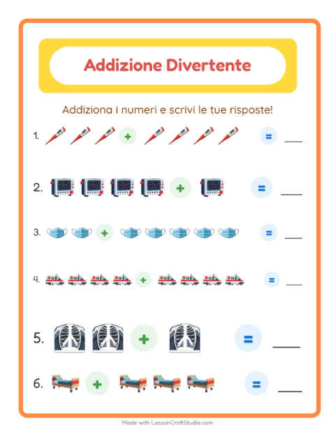 Anteprima della scheda di Addizione con Ospedale per Scuola dell'infanzia (5-7 anni)