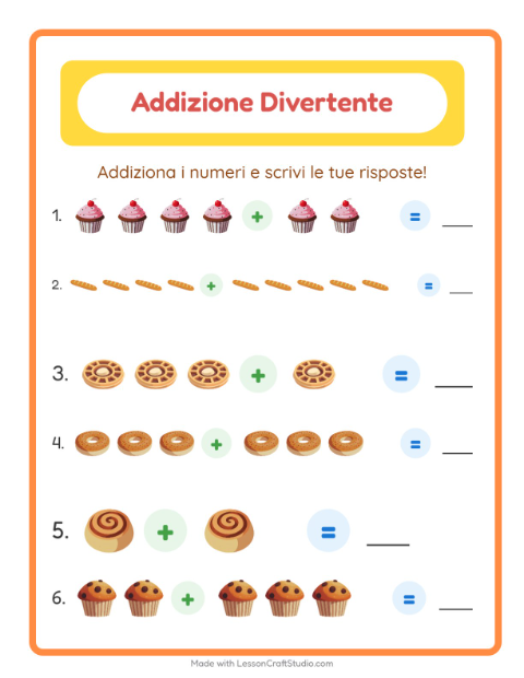 Anteprima della scheda di Addizione con Panetteria per Scuola dell'infanzia (5-7 anni)