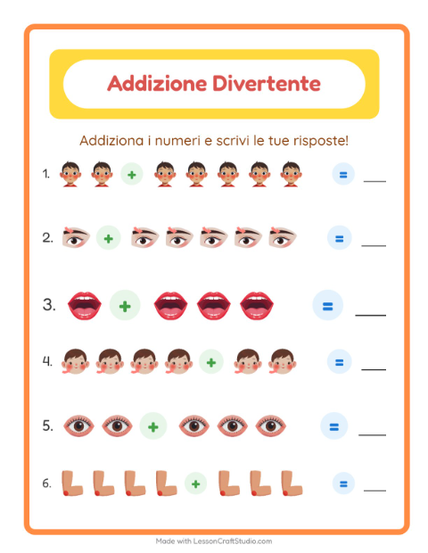 Anteprima della scheda di Addizione con Parti del corpo per Scuola dell'infanzia (5-7 anni)