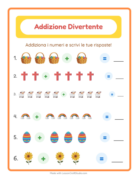 Anteprima della scheda di Addizione con Pasqua per Scuola dell'infanzia (5-7 anni)