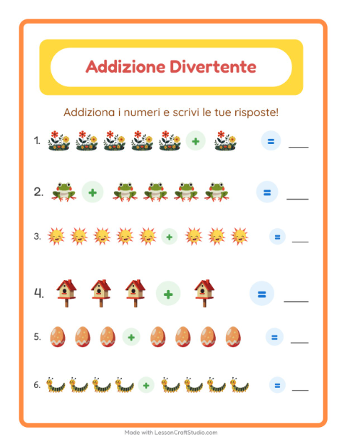 Anteprima della scheda di Addizione con Primavera per Scuola dell'infanzia (5-7 anni)