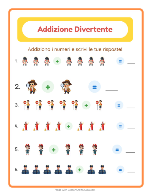 Anteprima della scheda di Addizione con Professioni per Scuola dell'infanzia (5-7 anni)