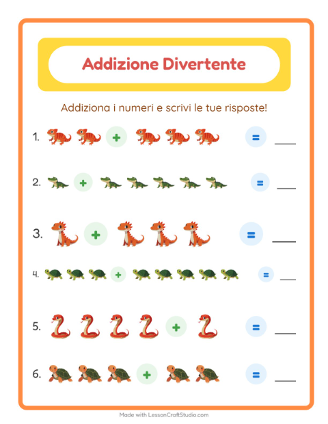 Anteprima della scheda di Addizione con Rettili e anfibi per Scuola dell'infanzia (5-7 anni)