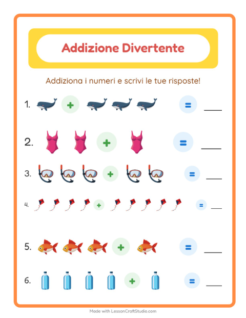 Anteprima della scheda di Addizione con Spiaggia per Scuola dell'infanzia (5-7 anni)