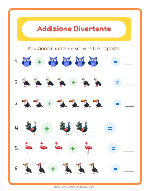 Anteprima della scheda di Addizione con Uccelli per Scuola dell'infanzia (5-7 anni)