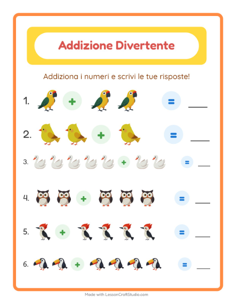 Anteprima della scheda di Addizione con Uccelli 2 per Scuola dell'infanzia (5-7 anni)