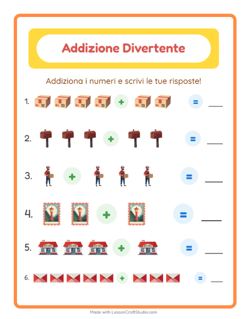 Anteprima della scheda di Addizione con Ufficio postale per Scuola dell'infanzia (5-7 anni)