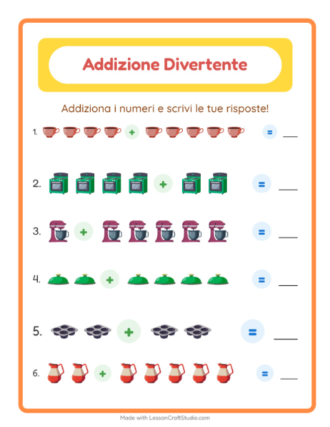 Anteprima della scheda di Addizione con Utensili da cucina per Scuola dell'infanzia (5-7 anni)