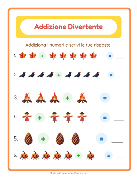 Anteprima della scheda di Addizione con Varie per Scuola dell'infanzia (5-7 anni)