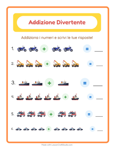 Anteprima della scheda di Addizione con Veicoli per Scuola dell'infanzia (5-7 anni)