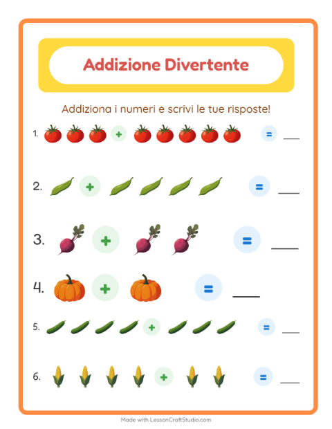 Anteprima della scheda di Addizione con Verdure per Scuola dell'infanzia (5-7 anni)