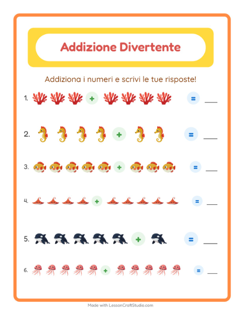 Anteprima della scheda di Addizione con Vita oceanica per Scuola dell'infanzia (5-7 anni)