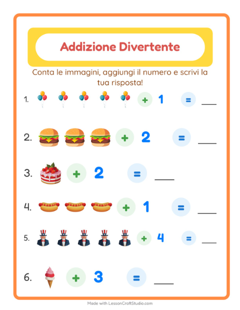 Anteprima della scheda di Addizione con 4 luglio per Scuola dell'infanzia (5-7 anni)