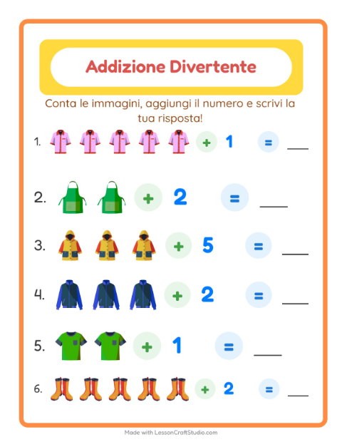 Anteprima della scheda di Addizione con Abbigliamento per Scuola dell'infanzia (5-7 anni)