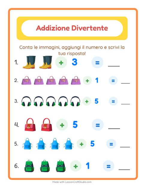 Anteprima della scheda di Addizione con Accessori per Scuola dell'infanzia (5-7 anni)