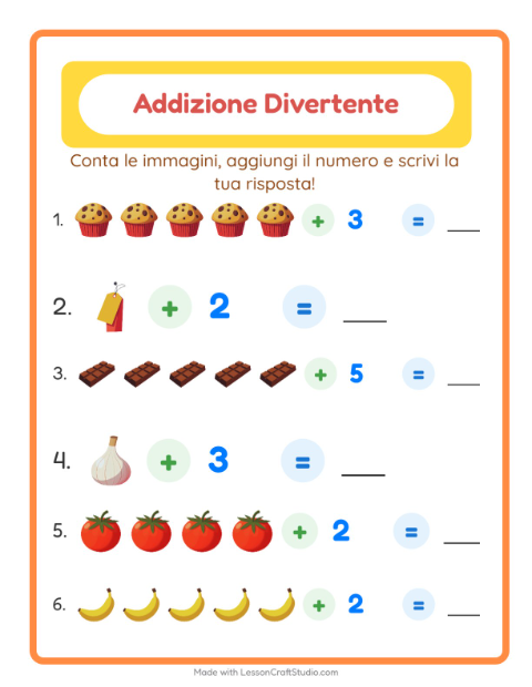 Anteprima della scheda di Addizione con Al supermercato per Scuola dell'infanzia (5-7 anni)