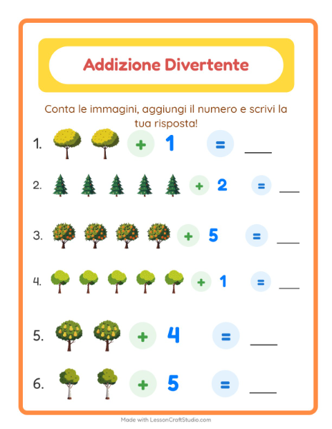 Anteprima della scheda di Addizione con Alberi per Scuola dell'infanzia (5-7 anni)