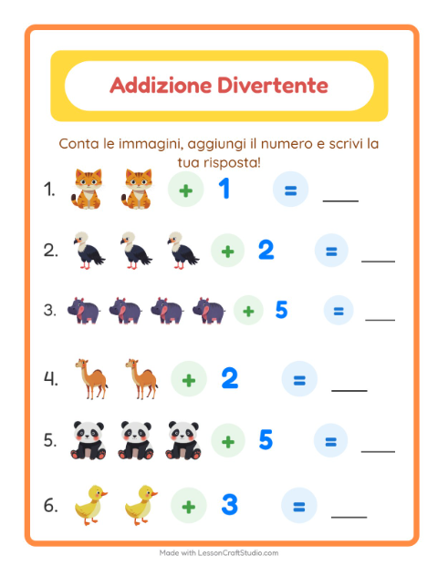 Anteprima della scheda di Addizione con Animali per Scuola dell'infanzia (5-7 anni)