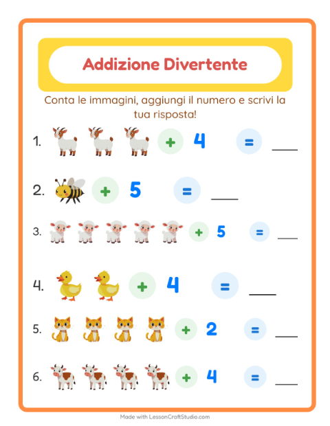 Anteprima della scheda di Addizione con Animali della fattoria per Scuola dell'infanzia (5-7 anni)