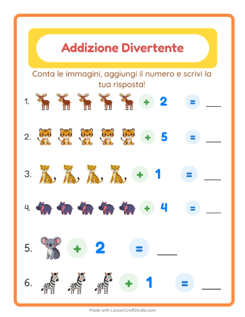 Anteprima della scheda di Addizione con Animali dello zoo per Scuola dell'infanzia (5-7 anni)