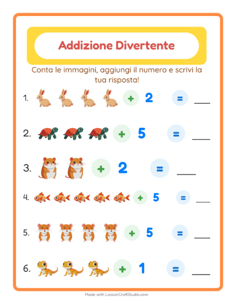 Anteprima della scheda di Addizione con Animali domestici per Scuola dell'infanzia (5-7 anni)
