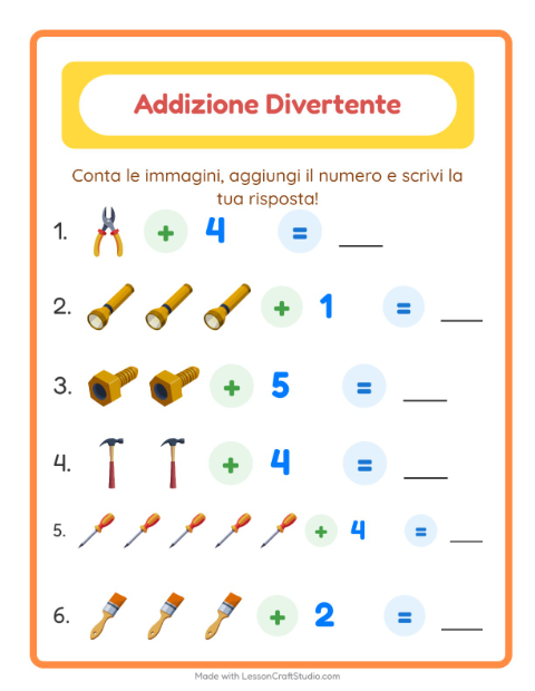 Anteprima della scheda di Addizione con Attrezzi per Scuola dell'infanzia (5-7 anni)