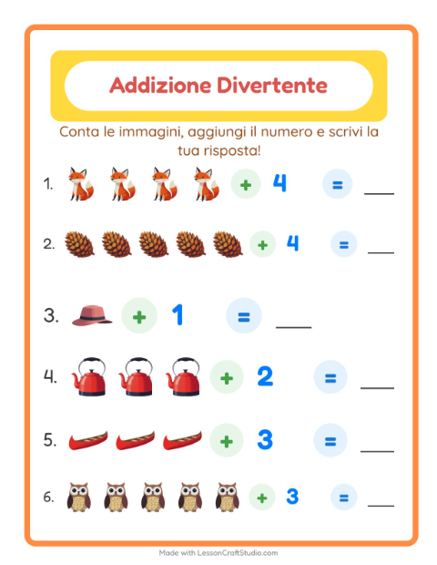 Anteprima della scheda di Addizione con Campeggio per Scuola dell'infanzia (5-7 anni)