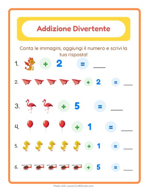 Anteprima della scheda di Addizione con Cose che volano per Scuola dell'infanzia (5-7 anni)