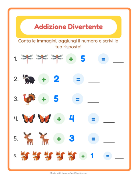 Anteprima della scheda di Addizione con Creature della foresta per Scuola dell'infanzia (5-7 anni)