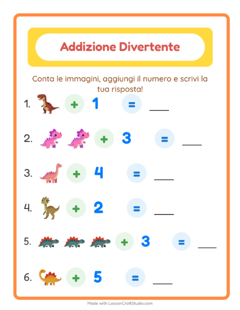 Anteprima della scheda di Addizione con Dinosauri per Scuola dell'infanzia (5-7 anni)