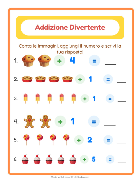 Anteprima della scheda di Addizione con Dolci e dolciumi per Scuola dell'infanzia (5-7 anni)