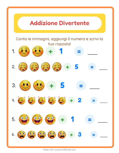 Anteprima della scheda di Addizione con Emozioni per Scuola dell'infanzia (5-7 anni)