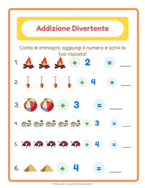 Anteprima della scheda di Addizione con Estate per Scuola dell'infanzia (5-7 anni)