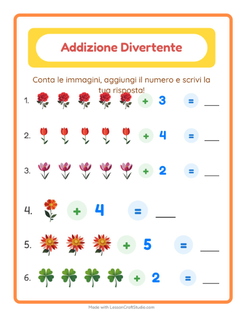 Anteprima della scheda di Addizione con Fiori per Scuola dell'infanzia (5-7 anni)