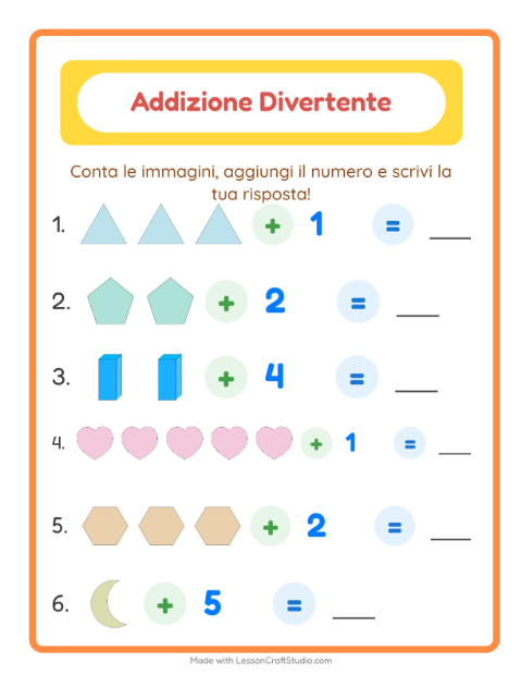 Anteprima della scheda di Addizione con Forme per Scuola dell'infanzia (5-7 anni)