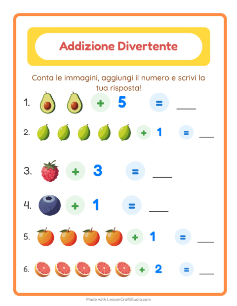 Anteprima della scheda di Addizione con Frutta per Scuola dell'infanzia (5-7 anni)