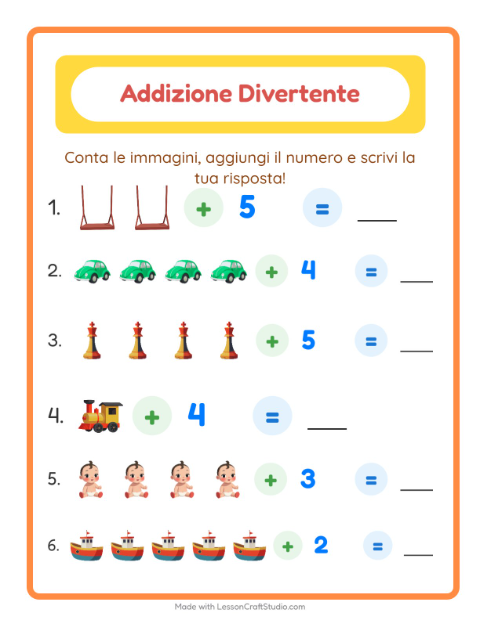 Anteprima della scheda di Addizione con Giocattoli per Scuola dell'infanzia (5-7 anni)
