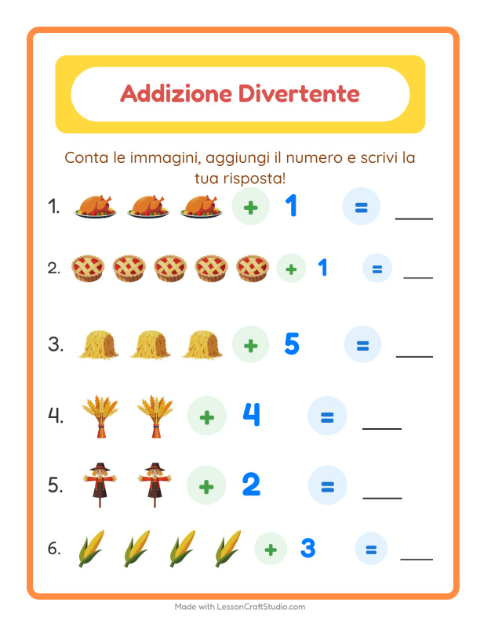 Anteprima della scheda di Addizione con Giorno del Ringraziamento per Scuola dell'infanzia (5-7 anni)