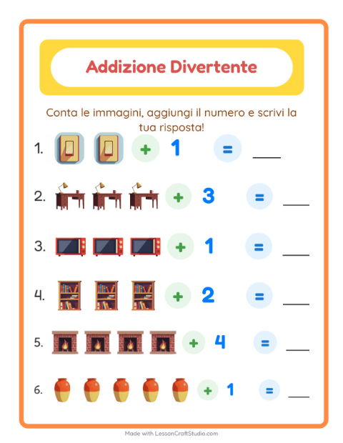 Anteprima della scheda di Addizione con In giro per casa per Scuola dell'infanzia (5-7 anni)