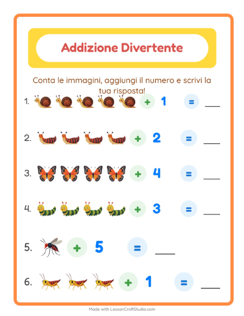 Anteprima della scheda di Addizione con Insetti e scarafaggi per Scuola dell'infanzia (5-7 anni)