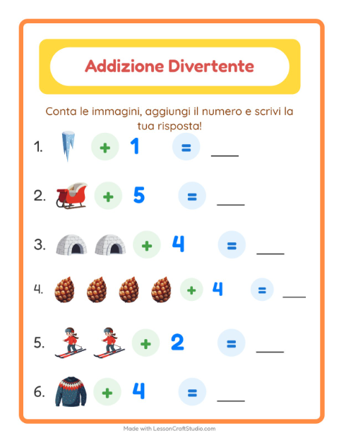 Anteprima della scheda di Addizione con Inverno per Scuola dell'infanzia (5-7 anni)