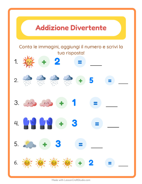 Anteprima della scheda di Addizione con Meteo per Scuola dell'infanzia (5-7 anni)