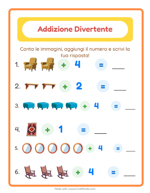 Anteprima della scheda di Addizione con Mobili per Scuola dell'infanzia (5-7 anni)