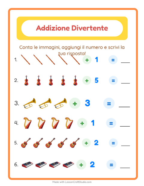 Anteprima della scheda di Addizione con Musica per Scuola dell'infanzia (5-7 anni)